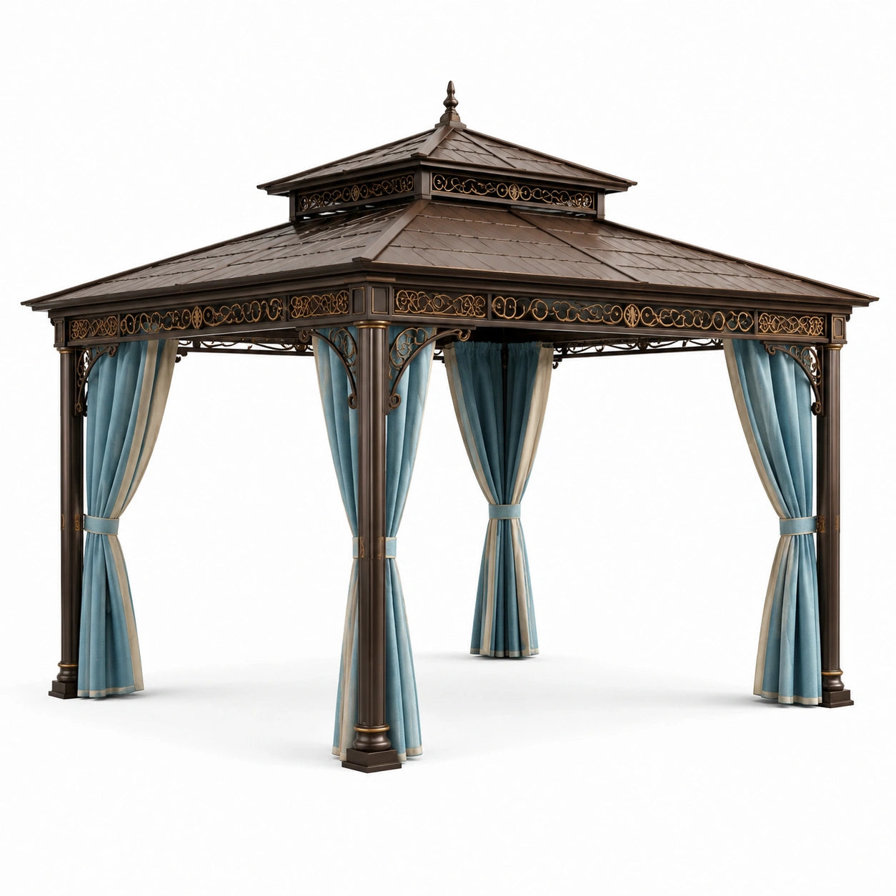 Pavillon aus Aluminium mit blauen Polyester-Vorhängen
