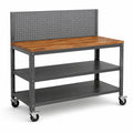 Werkbank mit Holzplatte und Stahlrahmen auf Rollen 120x60x150 cm Grau