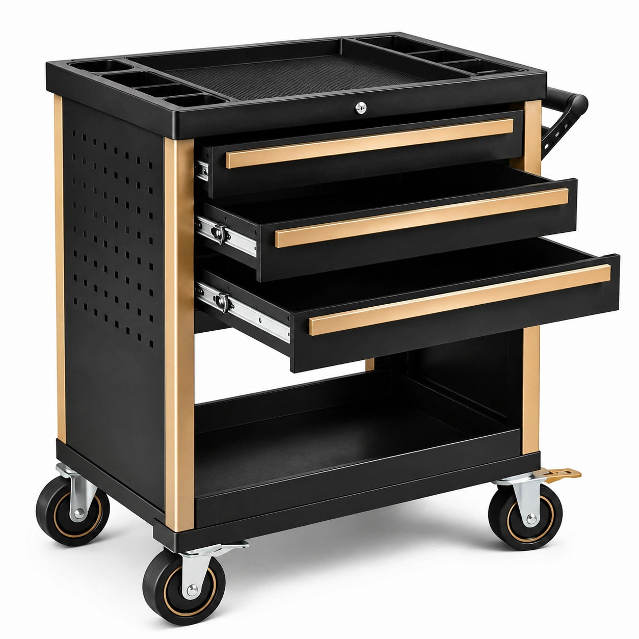 Werkzeugwagen aus Stahl mit 3 Schubladen in Schwarz-Gold, 80x40x85 cm