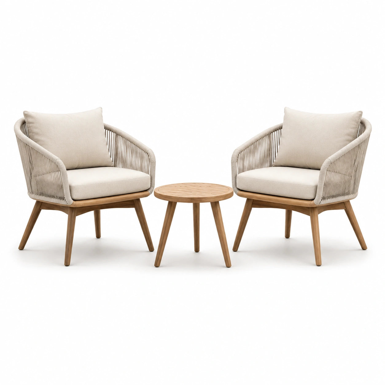 Bistro-Set mit 2 Sesseln aus Seil und Teakholz Tisch rund Beige