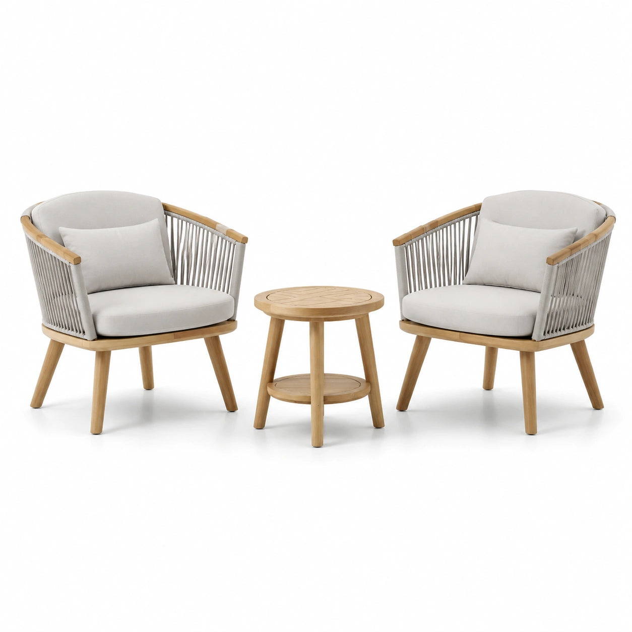 Garten-Bistro-Set aus Teakholz mit Seilgeflecht und hellgrauen Polstern - 2 Sessel und 1 Tisch