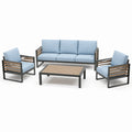 Gartenmöbelset aus Aluminium mit Holzlatten, Blau, 3-Sitzer Sofa, 2 Sessel, Tisch