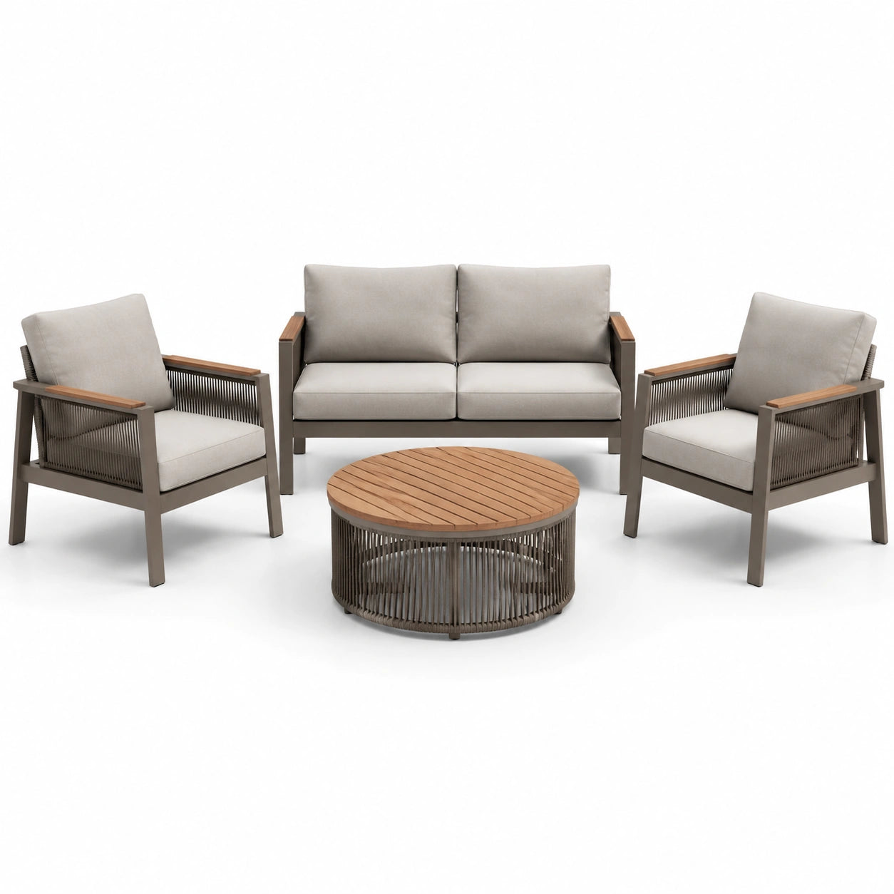 Aluminium Gartenlounge-Set mit Teakholzplatte und Polyesterseil in Braun/Grau