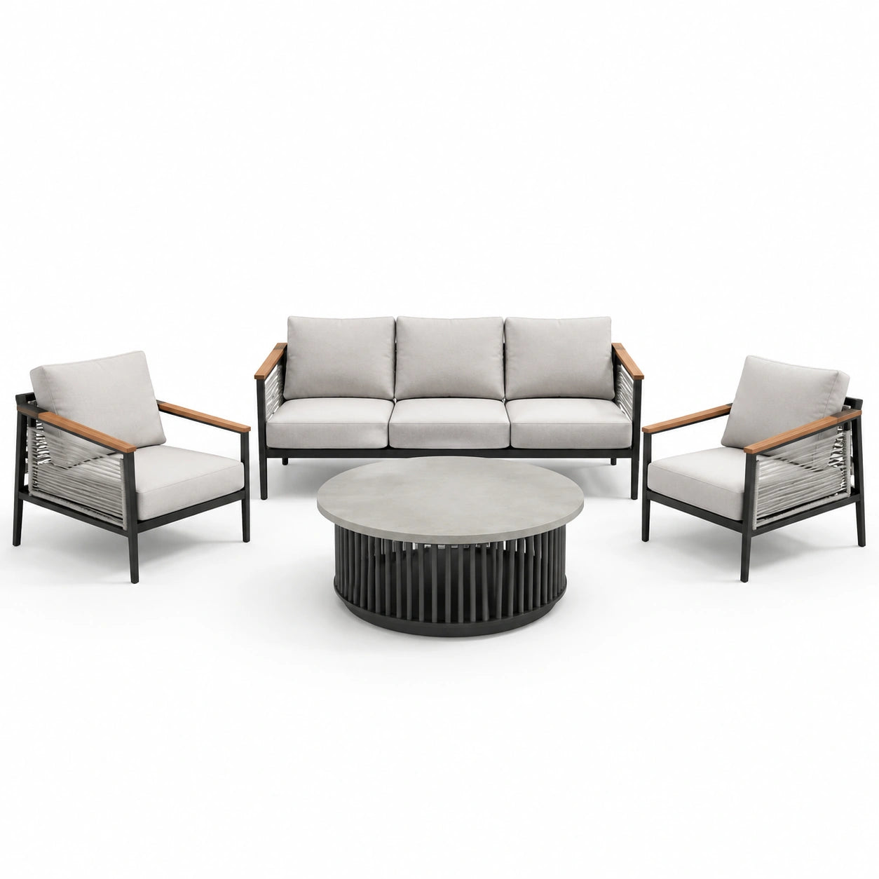 Gartenlounge Set Aluminium mit Polyestergarn und Teakarmlehnen Hellgrau