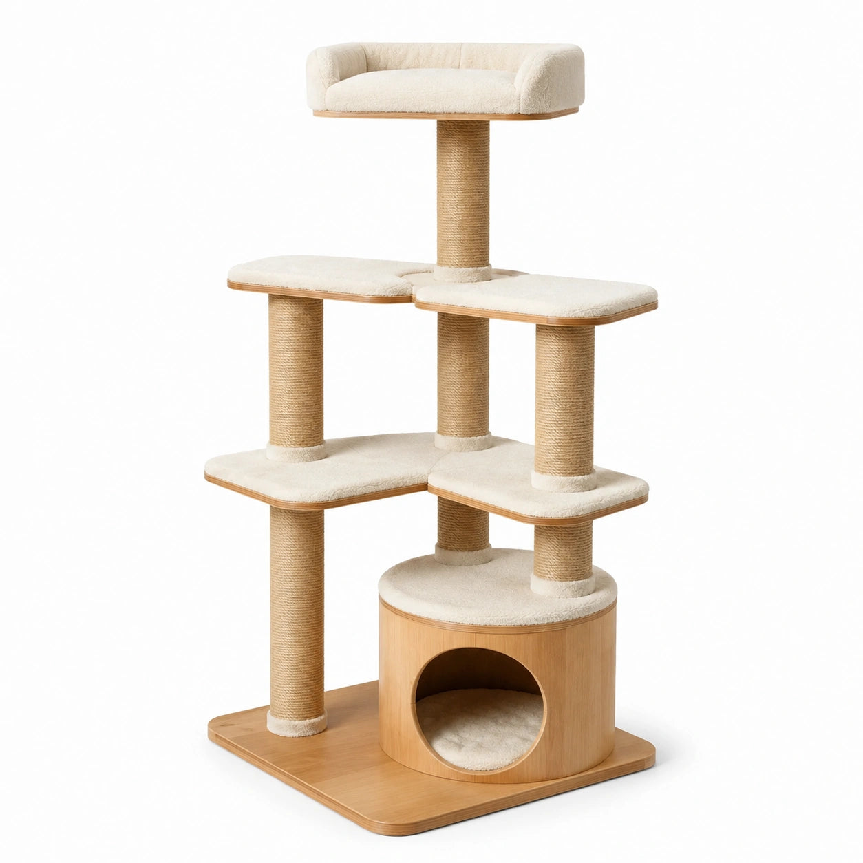 Kratzbaum aus Sperrholz und Sisal mit Polyesterplüsch, Beige, 5 Ebenen