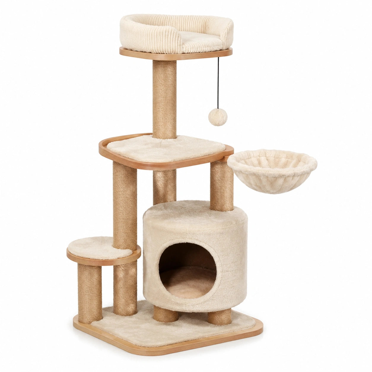 Kratzbaum aus Holz, Sisal und Polyesterplüsch Beige 115x60x40cm