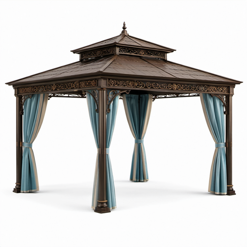 Pavillon aus Aluminium mit blauen Polyester-Vorhängen
