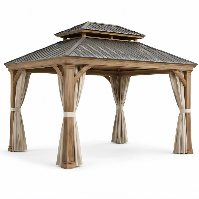 Holzpavillon mit Aluminiumdach und Polyester-Vorhängen