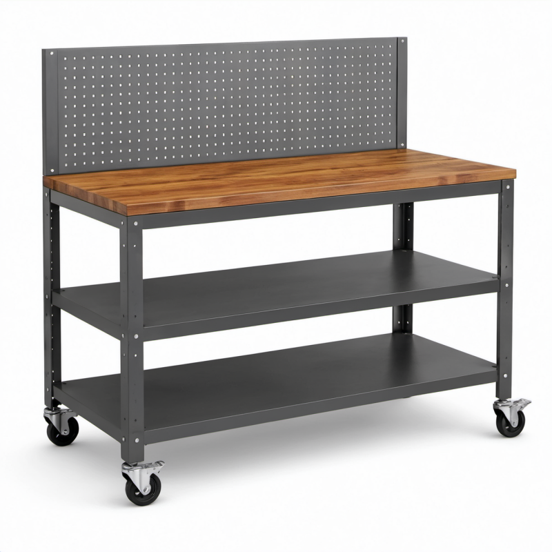 Werkbank mit Holzplatte und Stahlrahmen auf Rollen 120x60x150 cm Grau