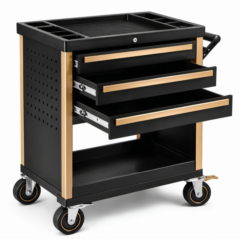 Werkzeugwagen aus Stahl mit 3 Schubladen in Schwarz-Gold, 80x40x85 cm