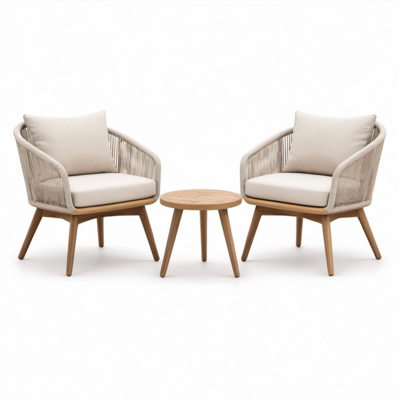 Bistro-Set mit 2 Sesseln aus Seil und Teakholz Tisch rund Beige