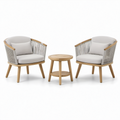 Garten-Bistro-Set aus Teakholz mit Seilgeflecht und hellgrauen Polstern - 2 Sessel und 1 Tisch