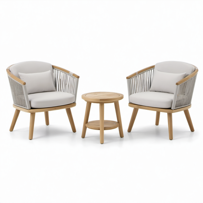 Garten-Bistro-Set aus Teakholz mit Seilgeflecht und hellgrauen Polstern - 2 Sessel und 1 Tisch