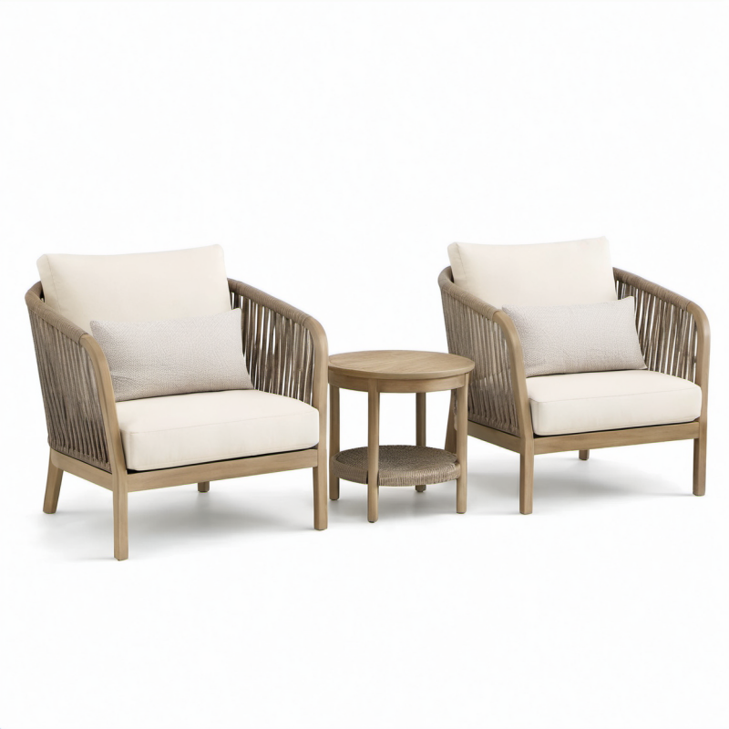 Bistro-Set aus Akazienholz mit Polyesterseilgeflecht und Kissen in Beige