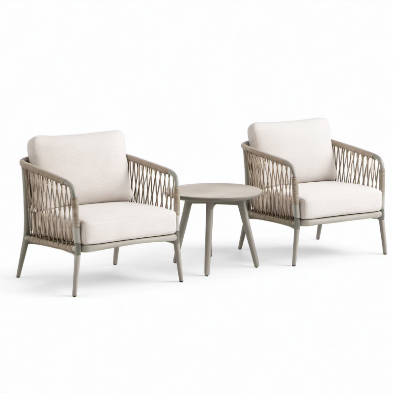Aluminium Bistroset mit Polyesterseil, beige, 2 Stühle und Tisch