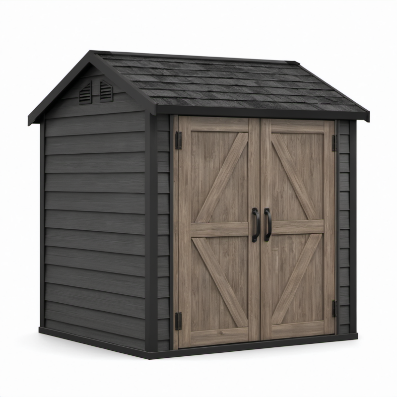 Kunststoff-Gartenhaus Doppelwandig Dunkelgrau mit Holzoptik Türen 175x113x208cm