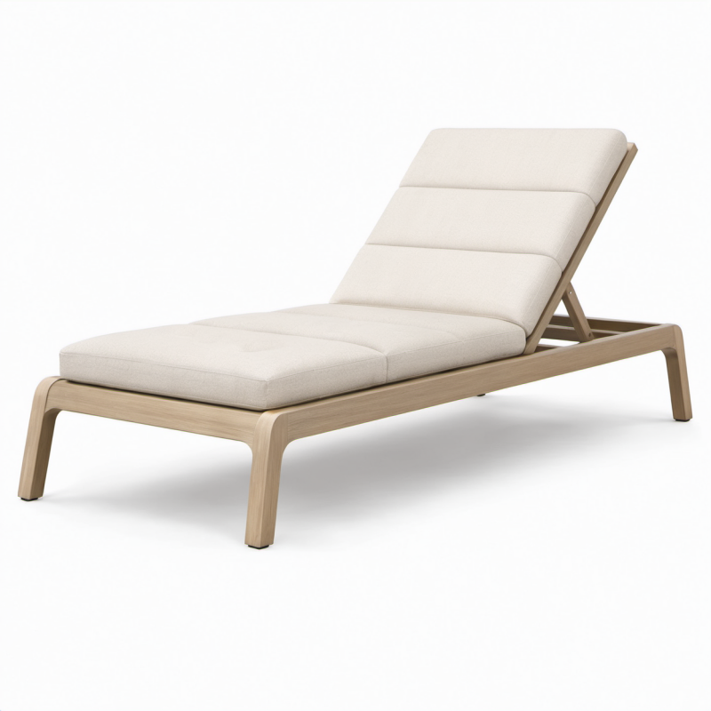 Verstellbare Gartenliege aus Teakholz mit cremefarbenem Polyester