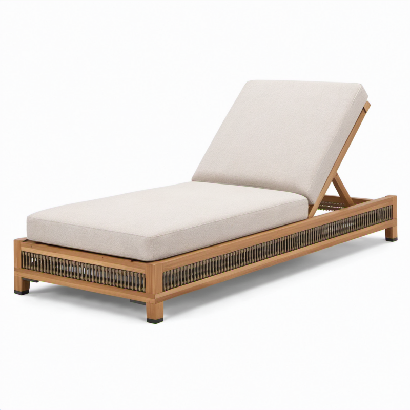 Sonnenliege mit Teakholzrahmen und Polyesterkissen Beige