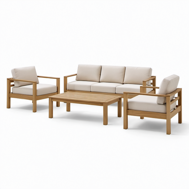 Teakholz Gartenmöbel-Set mit Polyesterkissen sandfarben