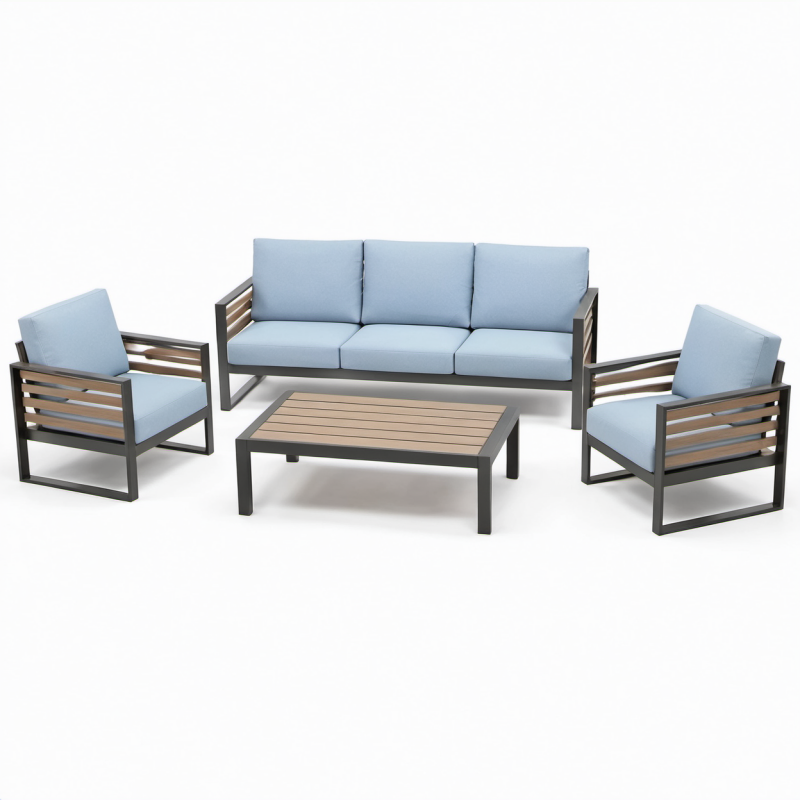 Gartenmöbelset aus Aluminium mit Holzlatten, Blau, 3-Sitzer Sofa, 2 Sessel, Tisch