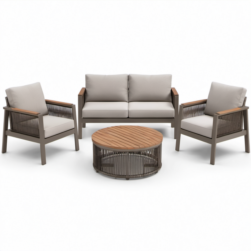 Aluminium Gartenlounge-Set mit Teakholzplatte und Polyesterseil in Braun/Grau