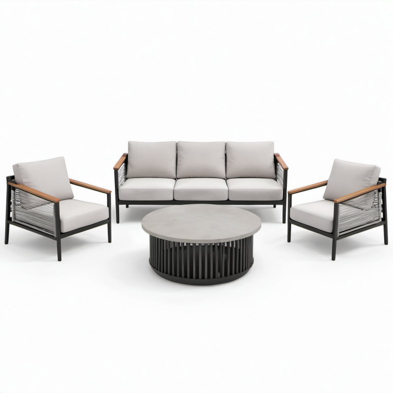 Gartenlounge Set Aluminium mit Polyestergarn und Teakarmlehnen Hellgrau