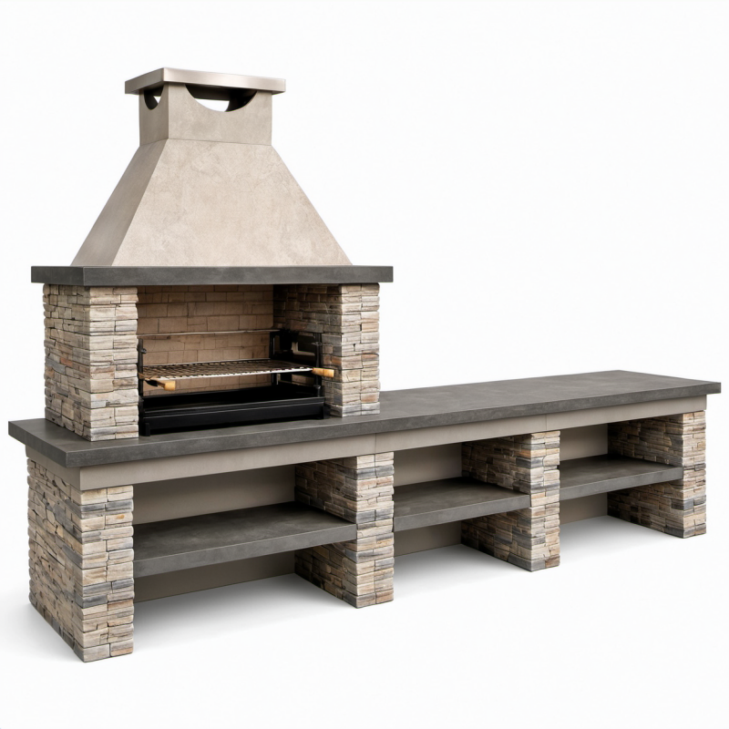 Grillkamin aus Naturstein mit Edelstahlrost Grau 200x60x150 cm