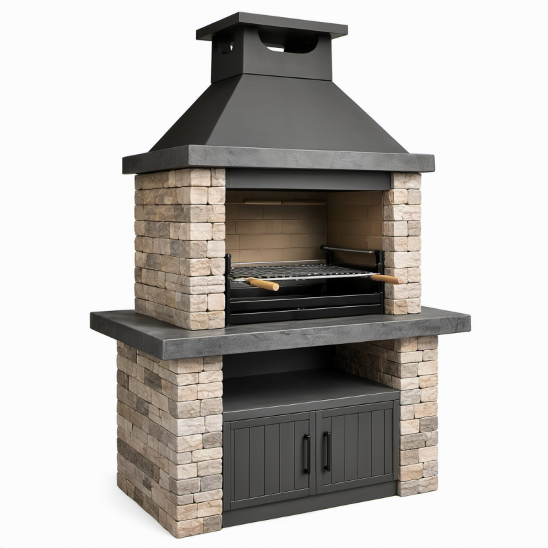 Grillkamin aus Stein mit Stahl und Edelstahl Komponente