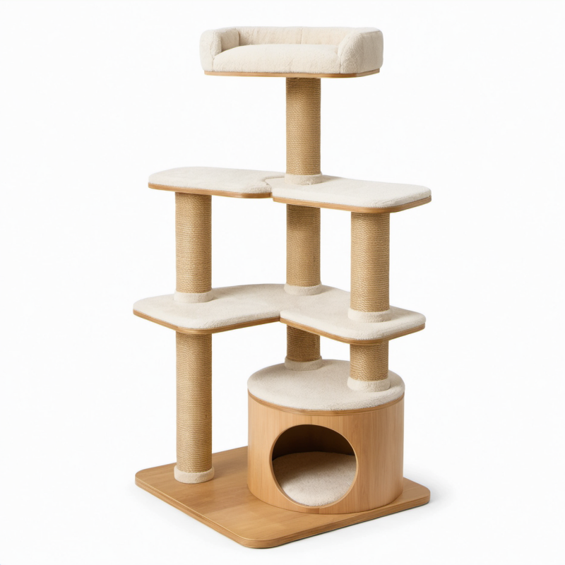 Kratzbaum aus Sperrholz und Sisal mit Polyesterplüsch, Beige, 5 Ebenen