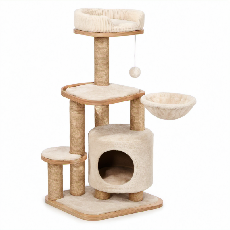 Kratzbaum aus Holz, Sisal und Polyesterplüsch Beige 115x60x40cm